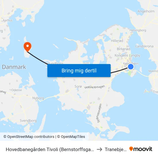 Hovedbanegården Tivoli (Bernstorffsgade) to Tranebjerg map