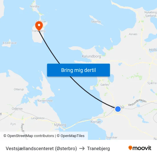 Vestsjællandscenteret (Østerbro) to Tranebjerg map