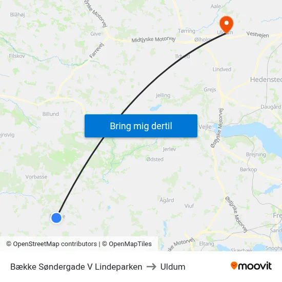 Bække Søndergade V Lindeparken to Uldum map