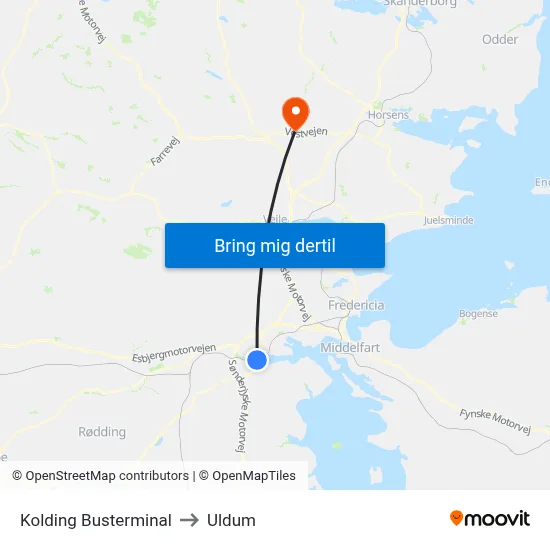 Kolding Busterminal to Uldum map