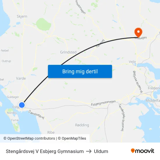 Stengårdsvej V Esbjerg Gymnasium to Uldum map