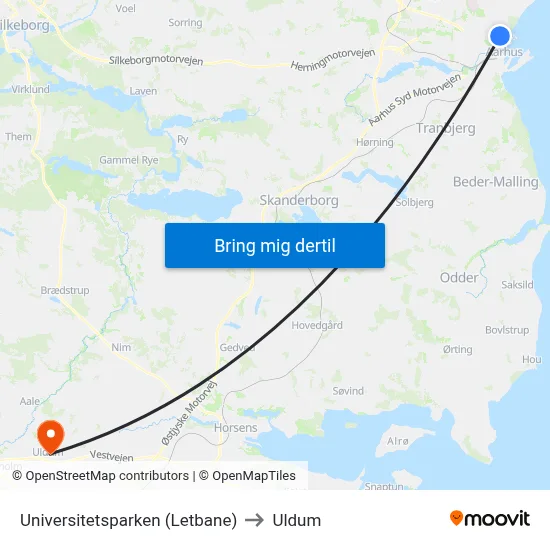 Universitetsparken (Letbane) to Uldum map