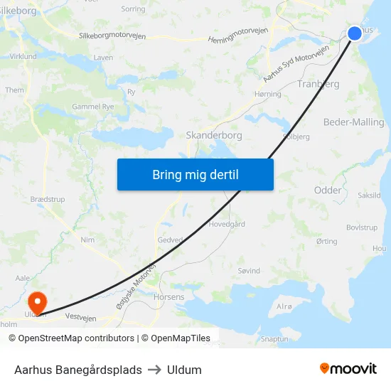Aarhus Banegårdsplads to Uldum map