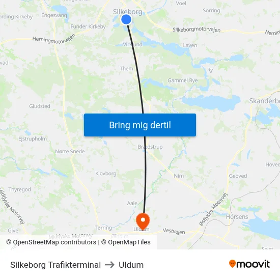 Silkeborg Trafikterminal to Uldum map
