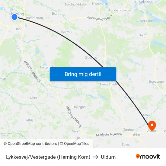 Lykkesvej/Vestergade (Herning Kom) to Uldum map