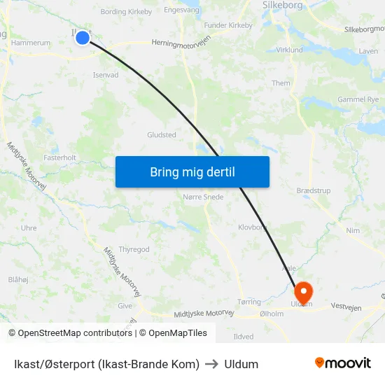 Ikast/Østerport (Ikast-Brande Kom) to Uldum map