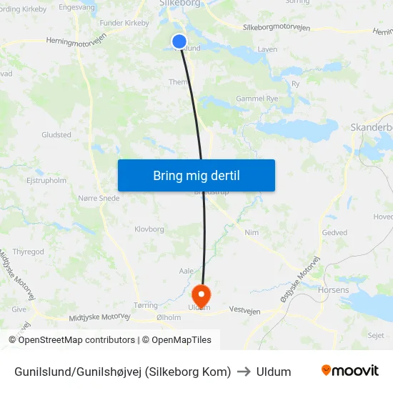 Gunilslund/Gunilshøjvej (Silkeborg Kom) to Uldum map