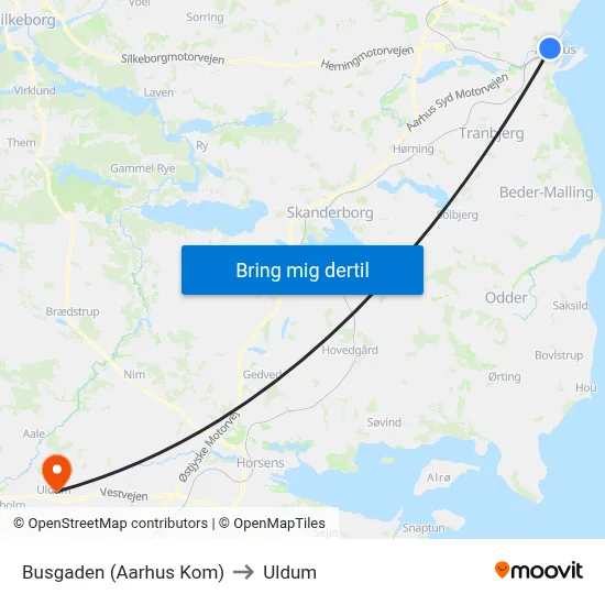 Busgaden (Aarhus Kom) to Uldum map