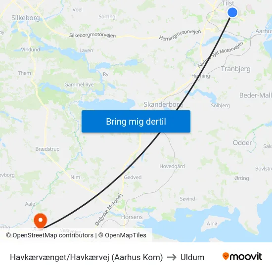 Havkærvænget/Havkærvej (Aarhus Kom) to Uldum map