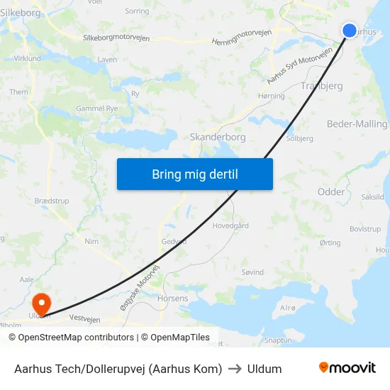 Aarhus Tech/Dollerupvej (Aarhus Kom) to Uldum map