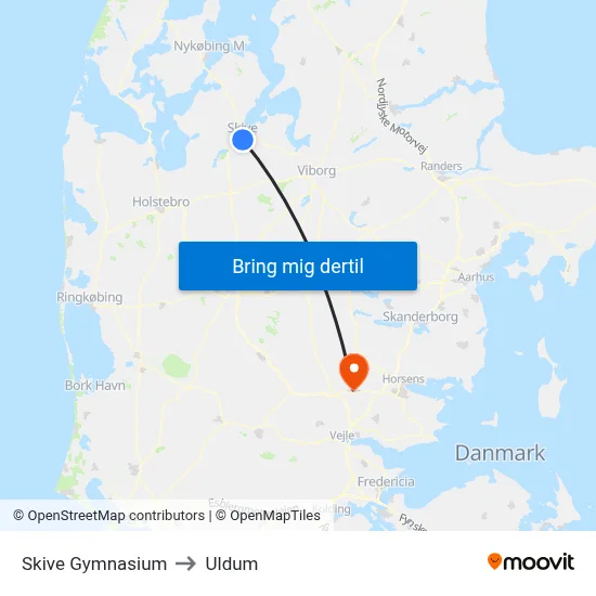 Skive Gymnasium to Uldum map