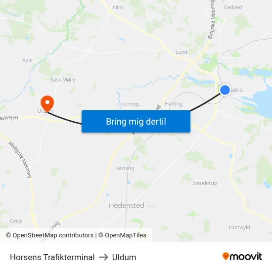 Horsens Trafikterminal to Uldum map