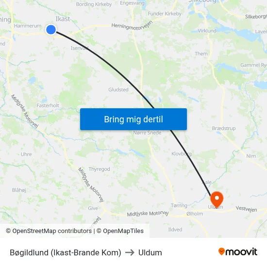 Bøgildlund (Ikast-Brande Kom) to Uldum map