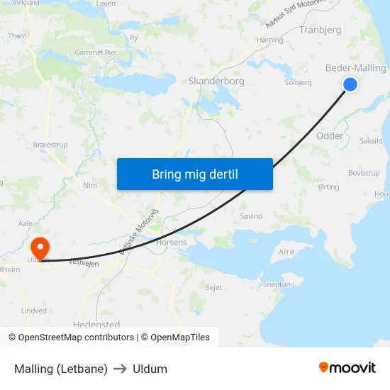 Malling (Letbane) to Uldum map