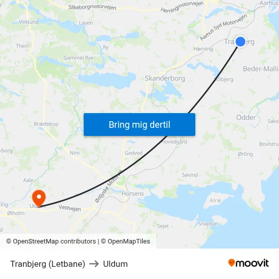 Tranbjerg (Letbane) to Uldum map