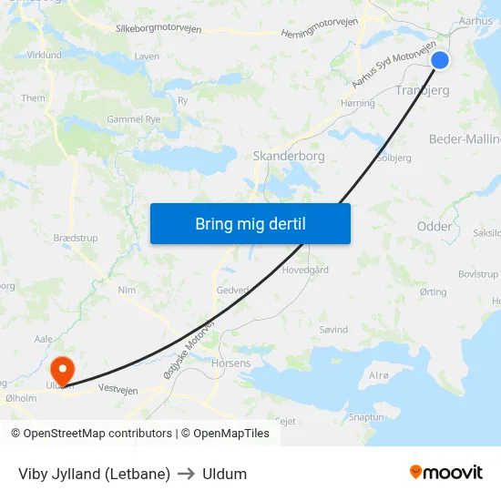 Viby Jylland (Letbane) to Uldum map