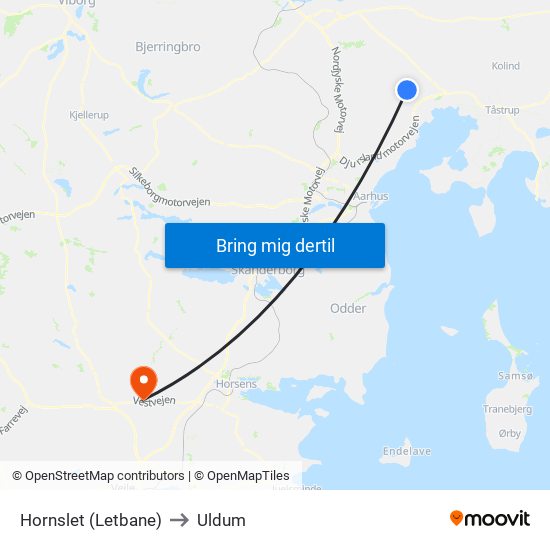 Hornslet (Letbane) to Uldum map