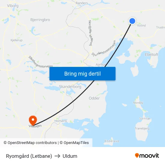 Ryomgård (Letbane) to Uldum map