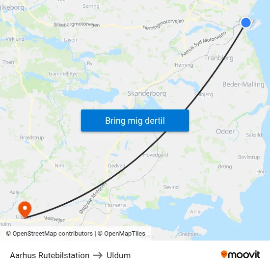 Aarhus Rutebilstation to Uldum map
