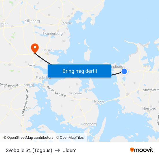Svebølle St. (Togbus) to Uldum map
