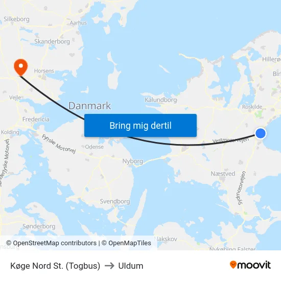Køge Nord St. (Togbus) to Uldum map