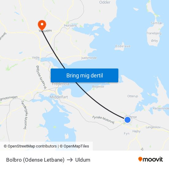 Bolbro (Odense Letbane) to Uldum map