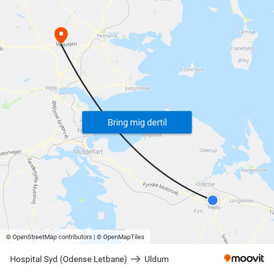 Hospital Syd (Odense Letbane) to Uldum map