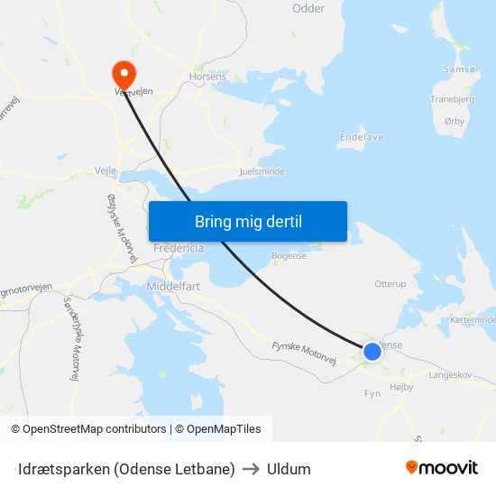 Idrætsparken (Odense Letbane) to Uldum map