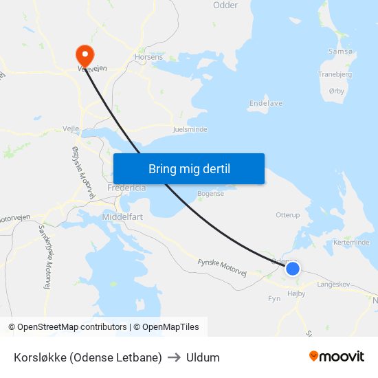 Korsløkke (Odense Letbane) to Uldum map