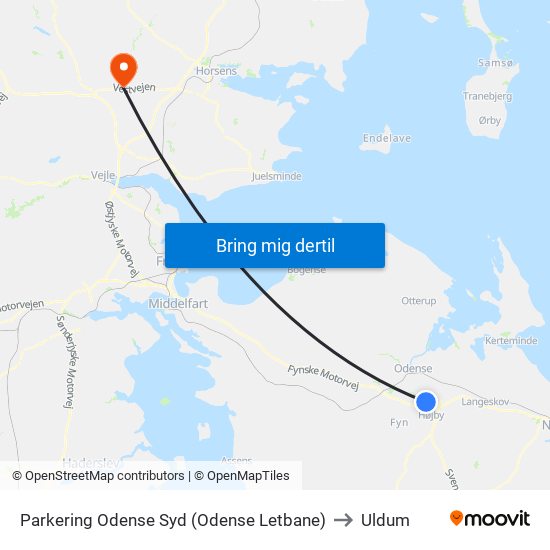 Parkering Odense Syd (Odense Letbane) to Uldum map
