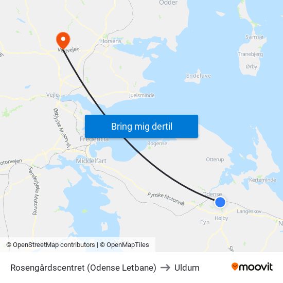 Rosengårdscentret (Odense Letbane) to Uldum map