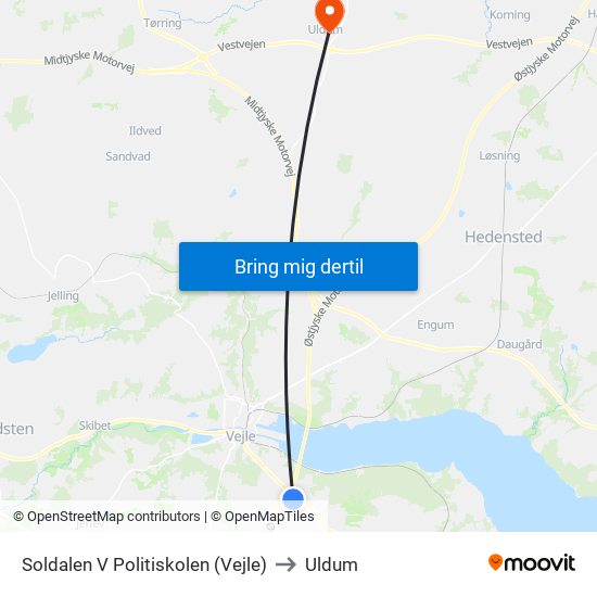 Soldalen V Politiskolen (Vejle) to Uldum map