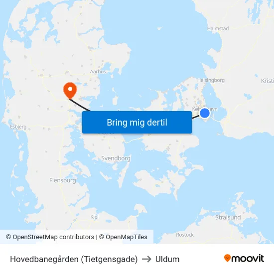 Hovedbanegården (Tietgensgade) to Uldum map