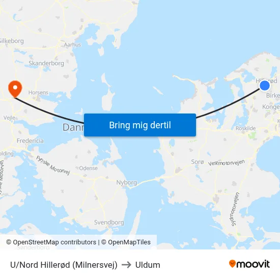 U/Nord Hillerød (Milnersvej) to Uldum map