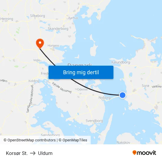 Korsør St. to Uldum map