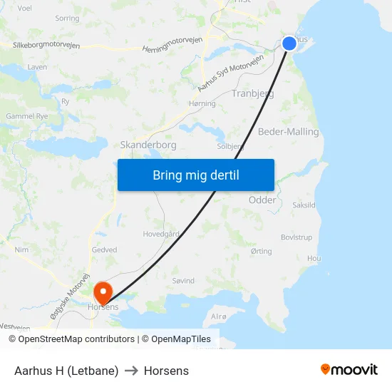 Aarhus H (Letbane) to Horsens map