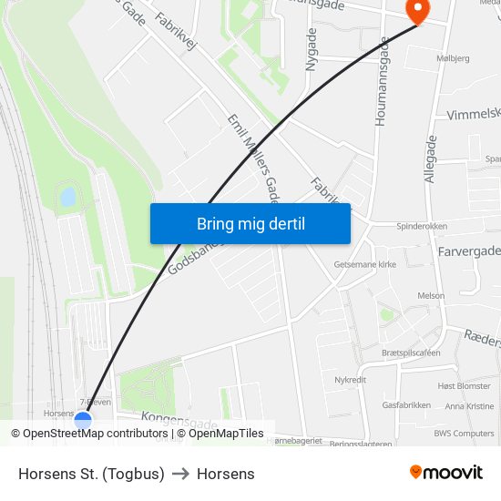 Horsens St. (Togbus) to Horsens map