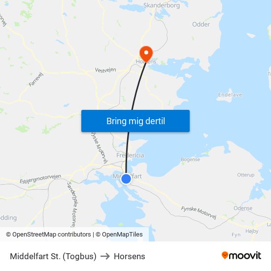 Middelfart St. (Togbus) to Horsens map