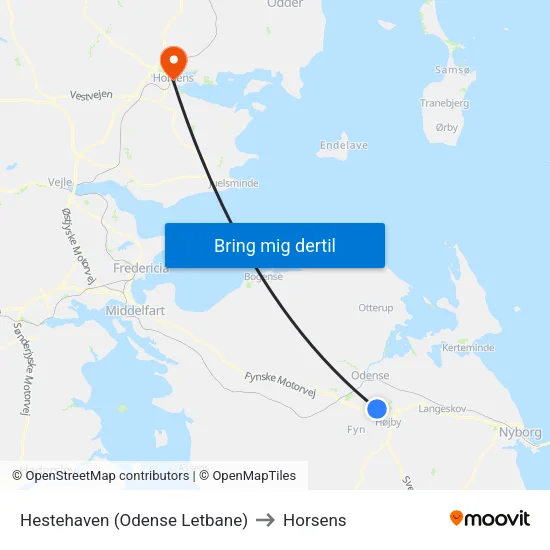 Hestehaven (Odense Letbane) to Horsens map