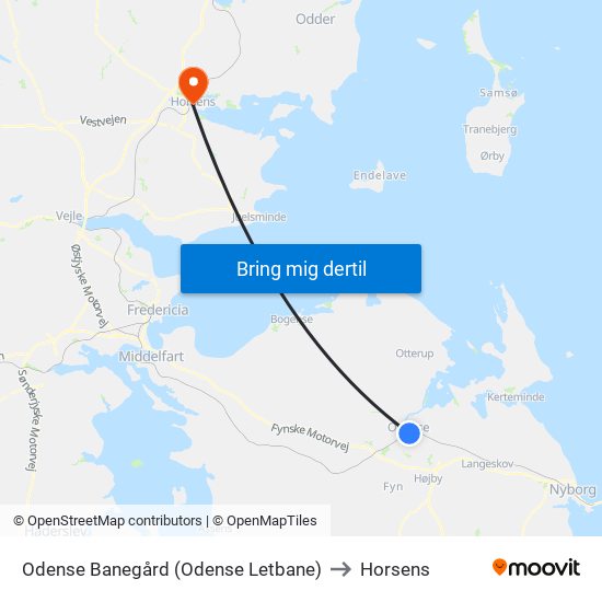 Odense Banegård (Odense Letbane) to Horsens map