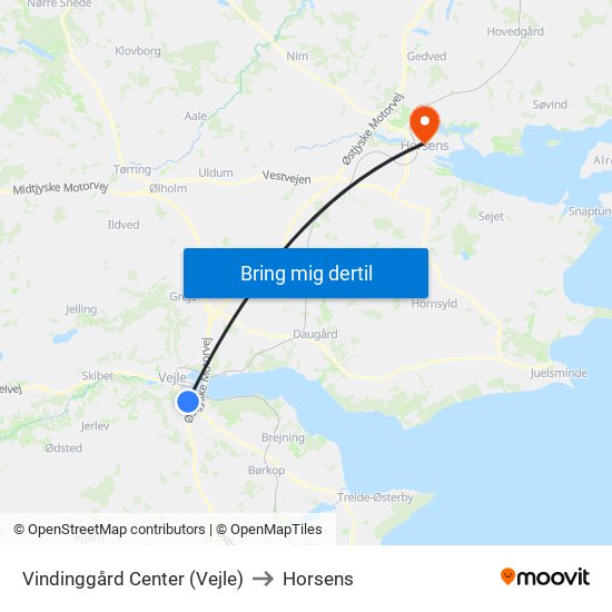 Vindinggård Center (Vejle) to Horsens map