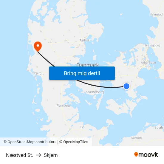 Næstved St. to Skjern map