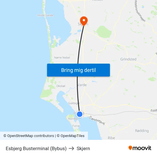 Esbjerg Busterminal (Bybus) to Skjern map