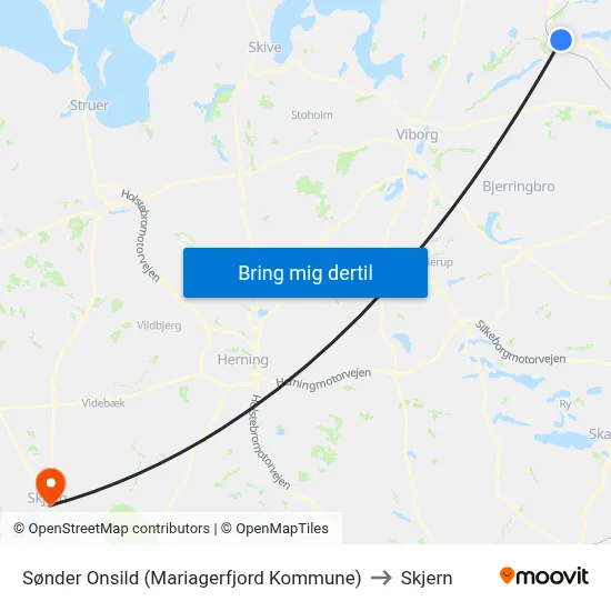 Sønder Onsild (Mariagerfjord Kommune) to Skjern map