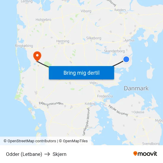 Odder (Letbane) to Skjern map