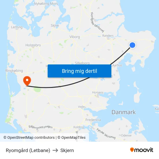 Ryomgård (Letbane) to Skjern map