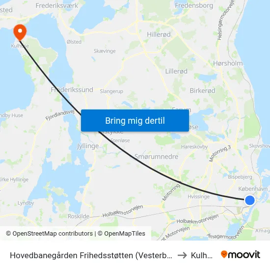 Hovedbanegården Frihedsstøtten (Vesterbrogade) to Kulhuse map