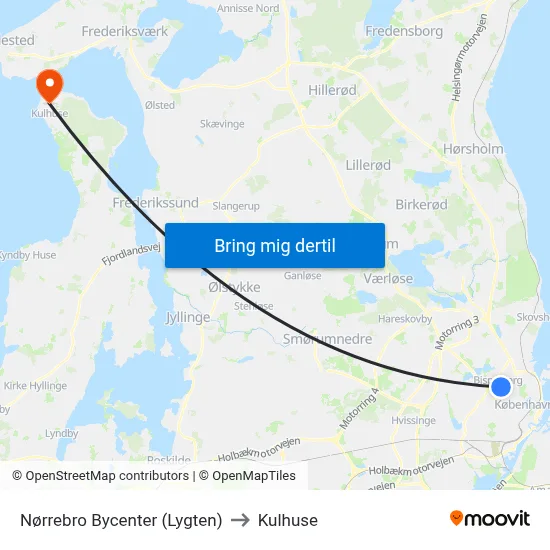 Nørrebro Bycenter (Lygten) to Kulhuse map