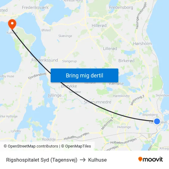 Rigshospitalet Syd (Tagensvej) to Kulhuse map