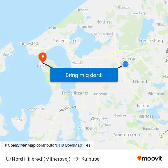 U/Nord Hillerød (Milnersvej) to Kulhuse map